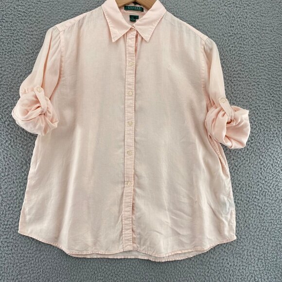 Lauren Ralph Lauren Shirt Womens Large Pink Linen Roll Tab Sleeve Button Collar - Picture 2 of 10